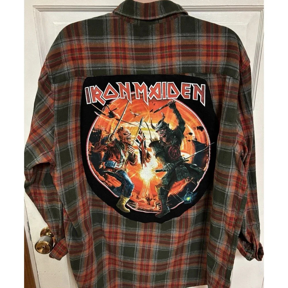 Iron Maiden Upcycled Plaid Flannel Button Up Shirt Rock Band Men’s Size XL - Picture 1 of 9